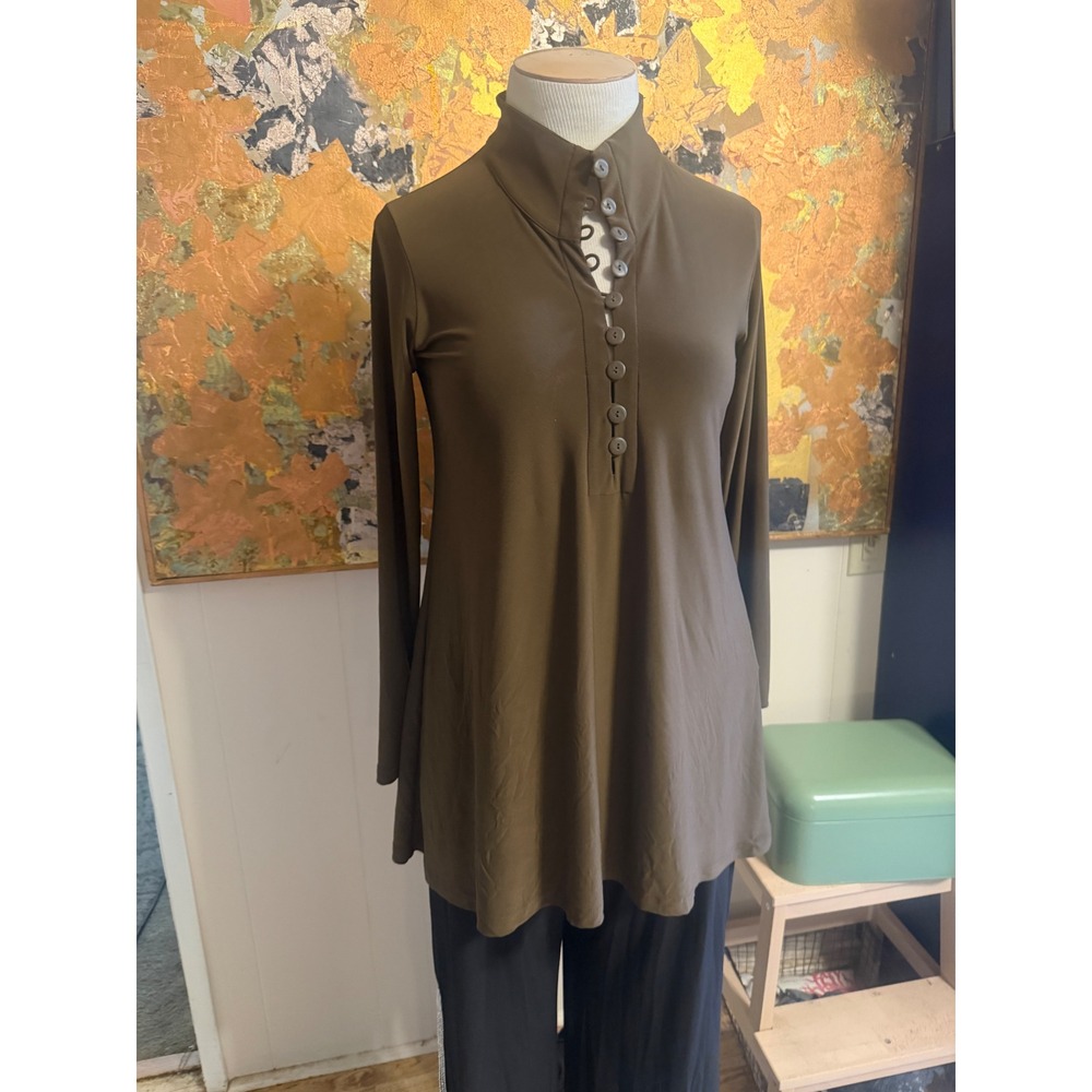 Sympli Canada Rare Brown/Green High Button Neck Swing Tunic sz8